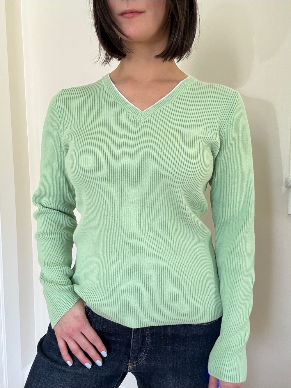 Vintage 90s Croft & Barrow 100% Cotton Mint Green V-neck Sweater M
